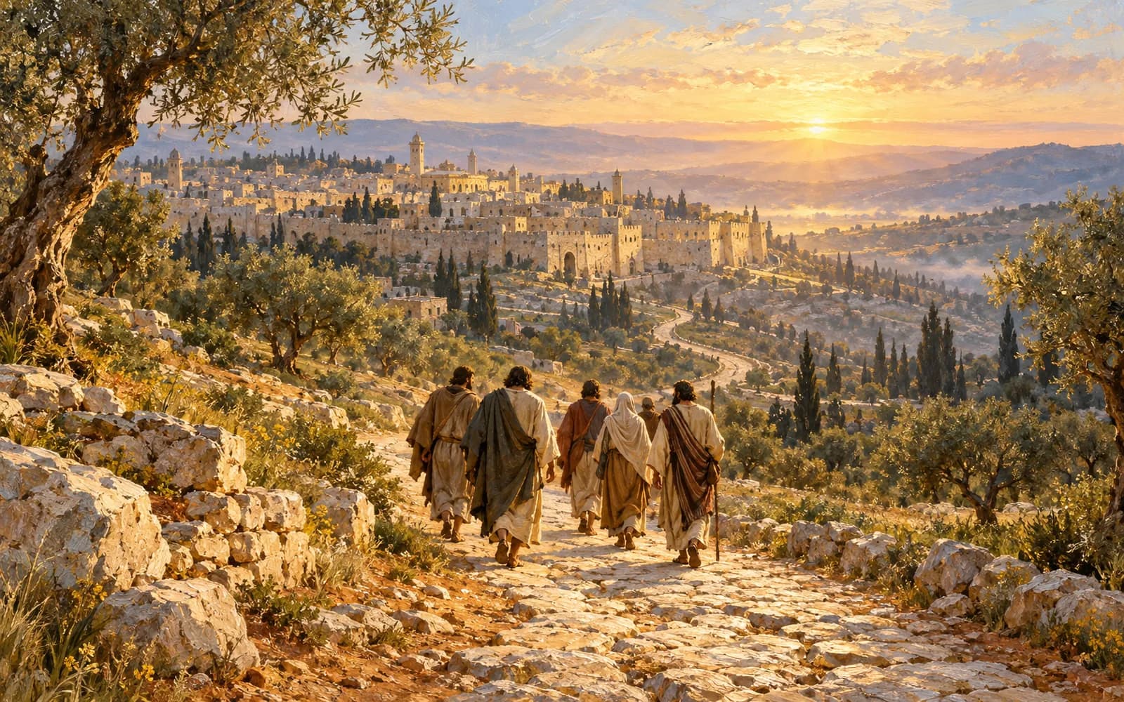 A painting of disciples walking an ancient stone road near Jerusalem at dawn, with olive trees and distant hills.