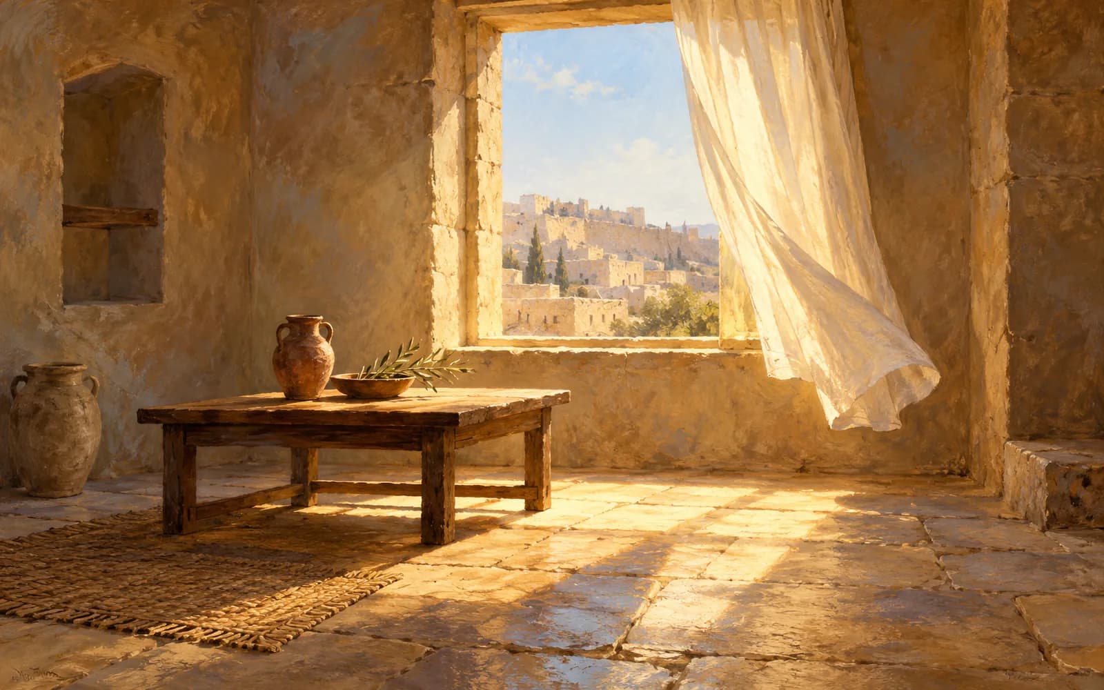 An oil painting of an empty upper room in Jerusalem, with sunlight through an open window and a linen curtain stirred by the breeze.
