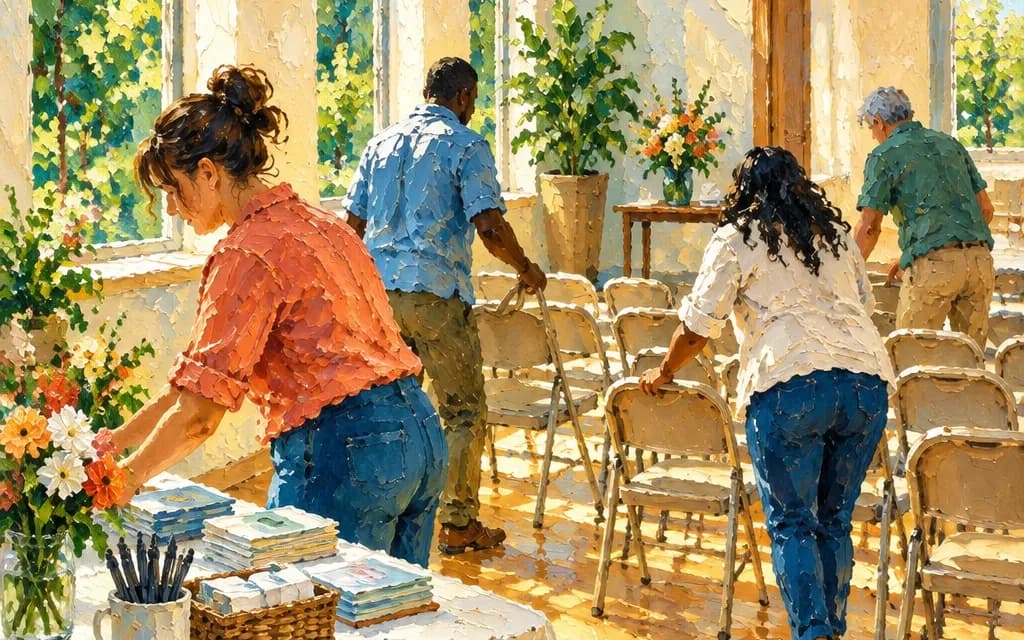 A painting of volunteers setting out chairs and laying a welcome table in a sunlit hall before an Event.