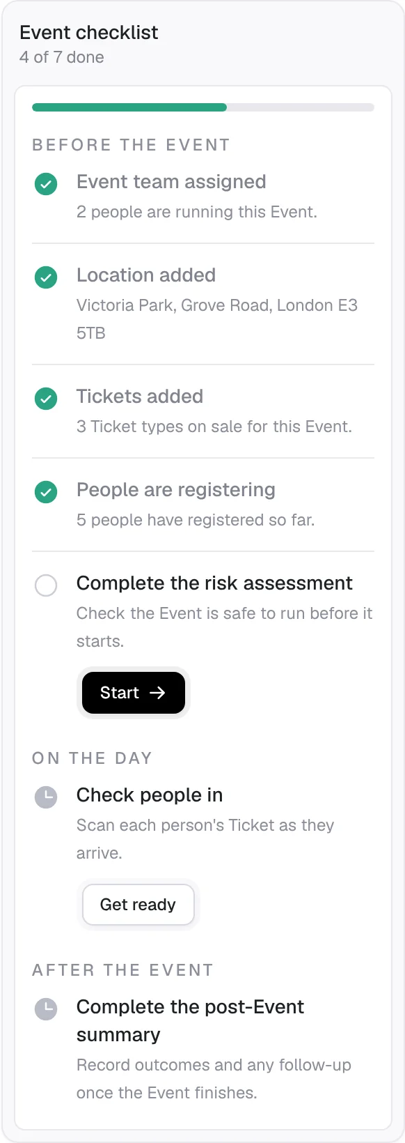 The Event checklist, with the Event team, location, Tickets and registrations done and the risk assessment still to do