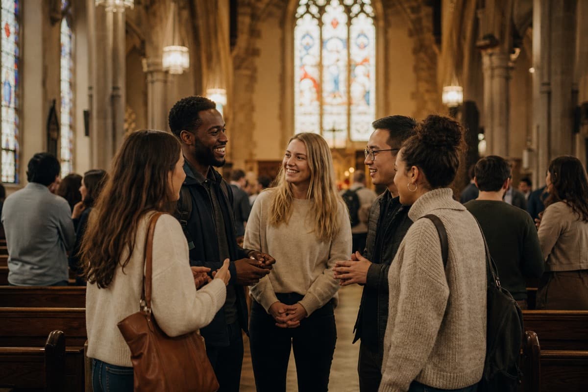 Young adults gathered together inside a church.