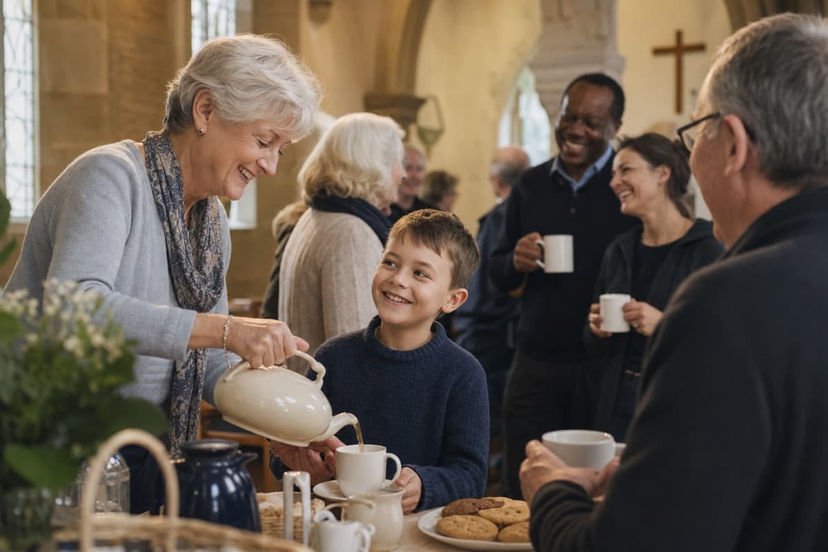 Volunteers serving tea to parishioners in a church hall after a Sunday service.