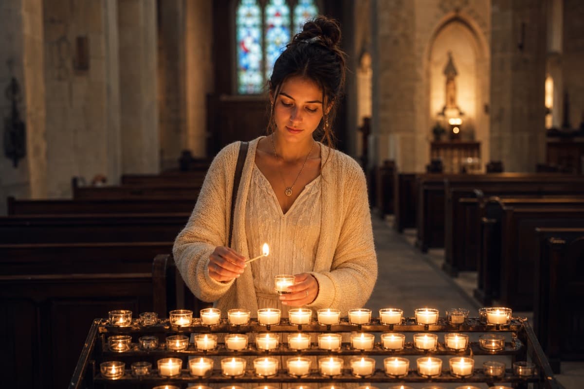 A young woman lighting a candle in a quiet stone church.