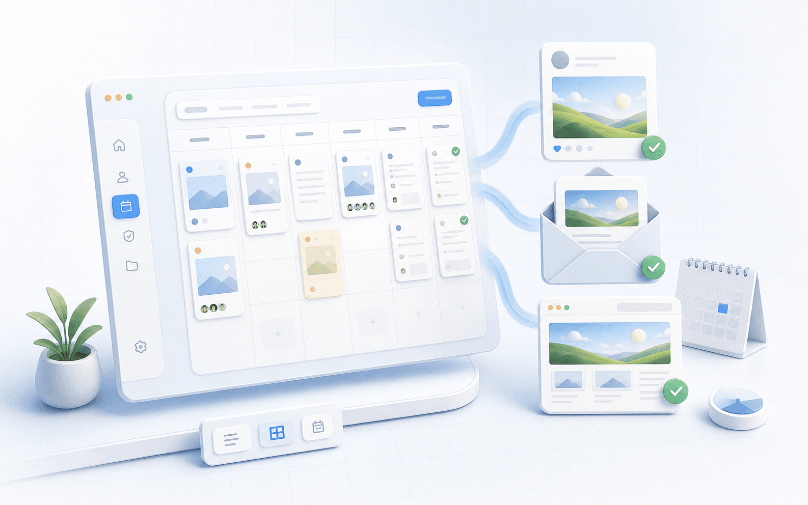 A creative studio board sending scheduled social, newsletter and website updates into publish-ready cards.